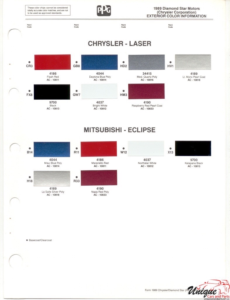1989 Chrysler Laser Eclipse Paint Charts PPG